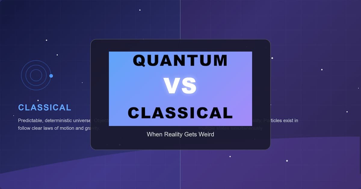 Quantum physics vs classical physics comparison diagram with wave-particle duality illustration