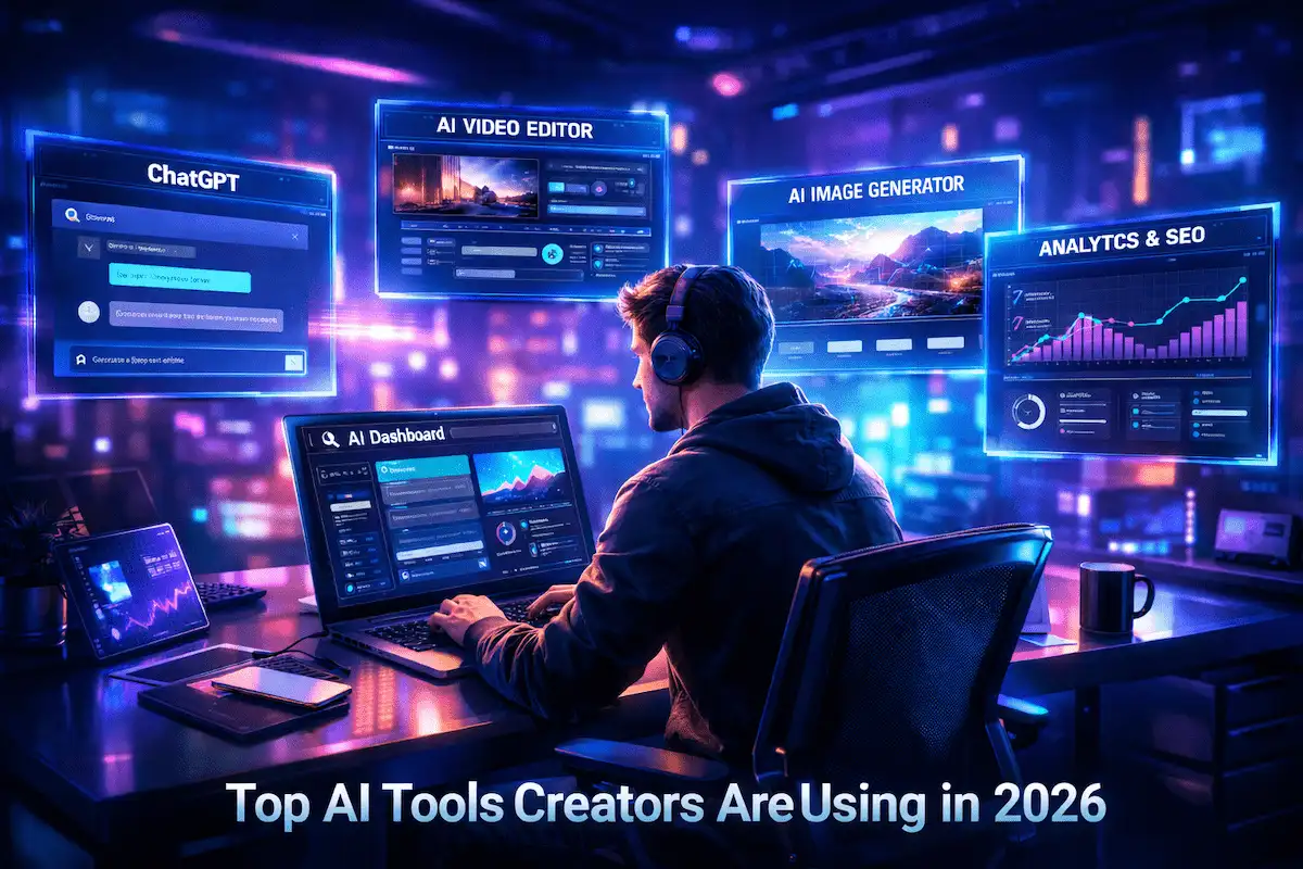 Top AI tools creators are using in 2026 digital workspace with AI dashboard and holographic screens